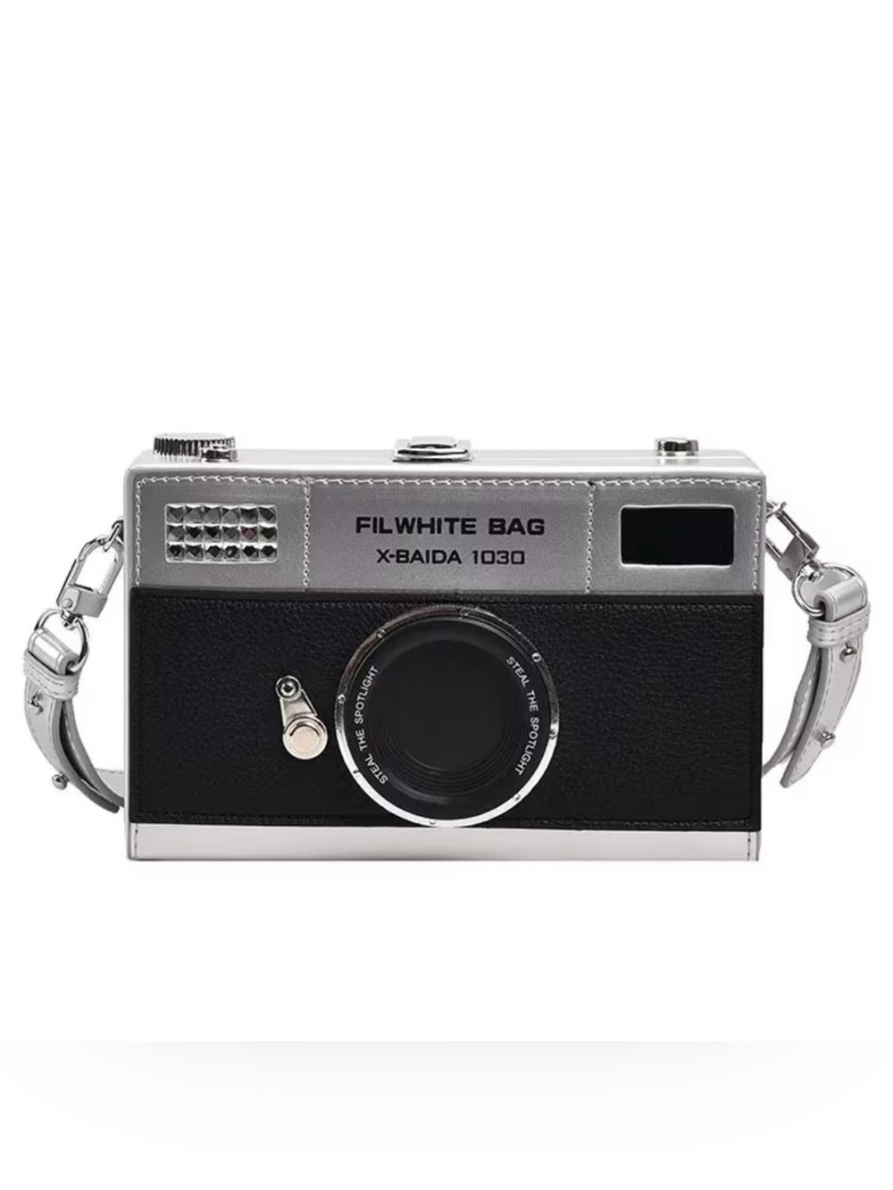 Kohl's FILWHITE Camera-Shaped Crossbody Bag in Silver and Black